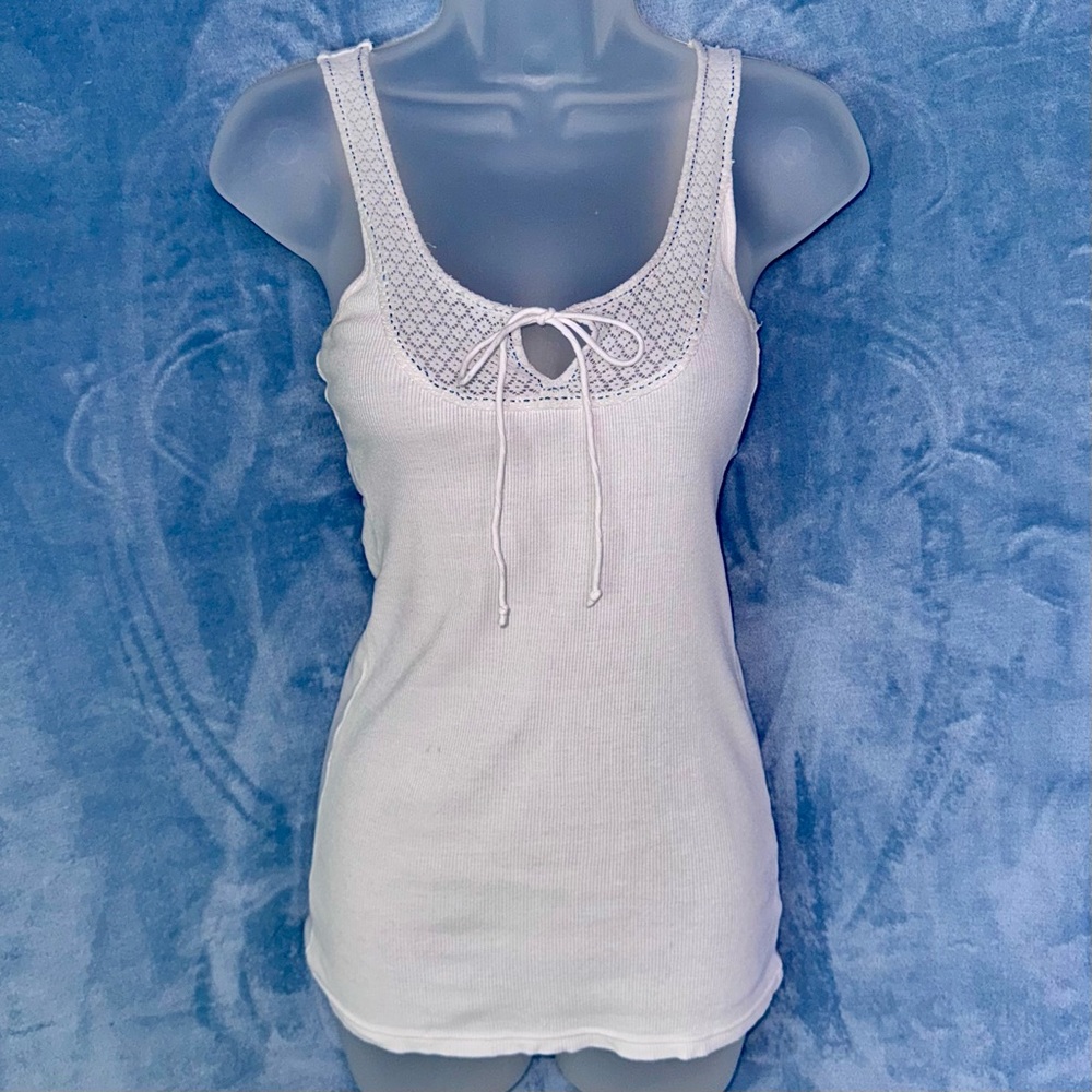 EUC rare Free People ribbed white tank top, lace & tie detail